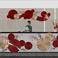 Elegant Reception Desk Area With Red And Beige Paper Flower Decorations And Vase