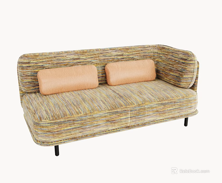 Woven Multicolored Two Seater Sofa With Cushioned Pillows And Slim Black Legs 3d model 