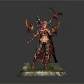 Armored Female Warrior With Horns And Red Dragon Creatures On Grass Rock Base