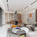 Modern Living Dining Room With Open Layout Large TV Marble Coffee Table And Orange Seating