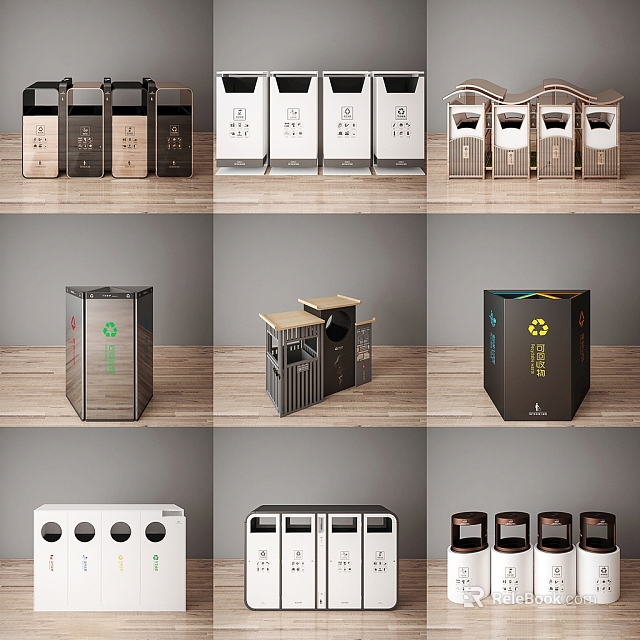 Modern Public Trash Bins With Various Stylish Designs Colors And Classification Features 3d model 