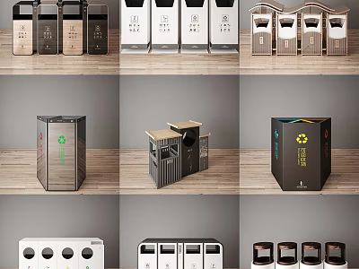Modern Public Trash Bins With Various Stylish Designs Colors And Classification Features 3d model