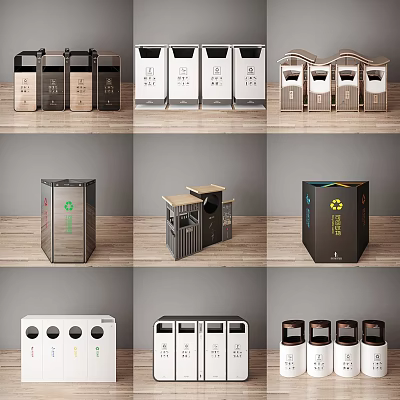 Modern Public Trash Bins With Various Stylish Designs Colors And Classification Features 3d model