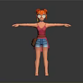 Game Movie Character With Orange Double Bun Glasses Pink Dress Arm Accessories Small Bag Barefoot