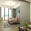 Modern Elegant Bedroom Interior with Baby Crib Chandelier TV Vanity Soft Curtains and Patterned Rug