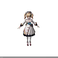 Elegant Twin Tailed Character in White Dress with Blue Gold Decorations and Floral Hem