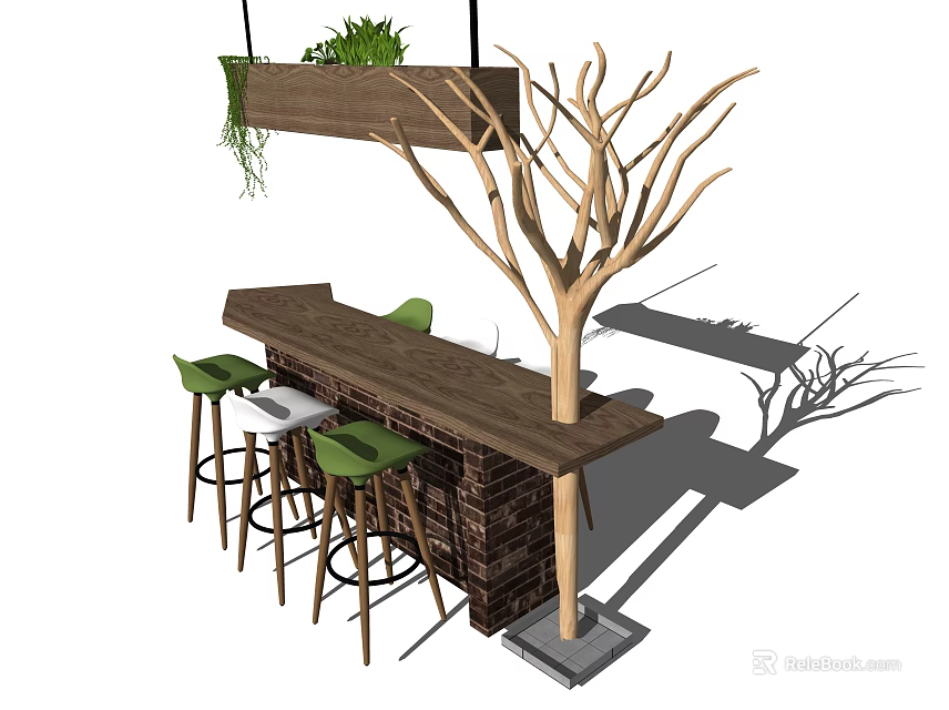 Wooden Bar Counter With Green High Stools Brick Base And Hanging Plant Decorative Tree Branch 3d model 