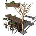 Wooden Bar Counter With Green High Stools Brick Base And Hanging Plant Decorative Tree Branch
