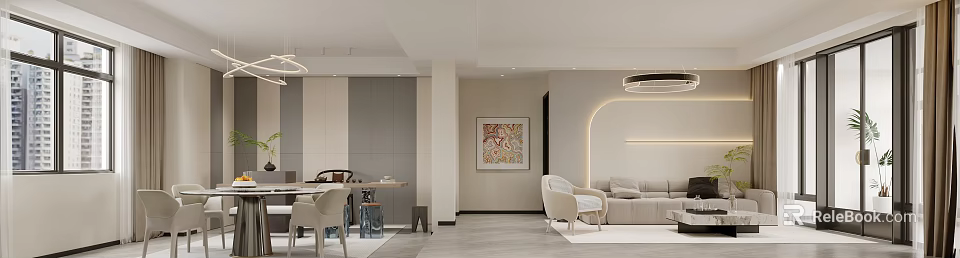 Modern Dining Living Room Interior With Sofa Dining Table Chairs And Decorative Artwork 3d model 