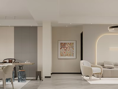 Modern Dining Living Room Interior With Sofa Dining Table Chairs And Decorative Artwork 3d model