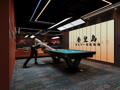 Billiard Room Interior With Player And Decorative Wall 3d model