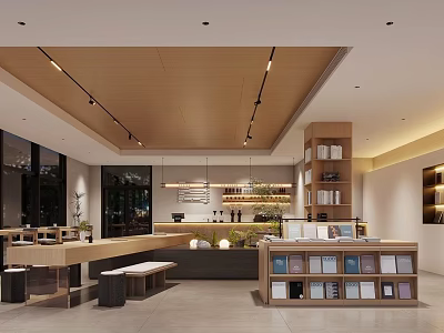Café Interior With Wooden Ceiling Linear Pendant Lights Large Windows Bar Counter Bookshelves And Green Plants 3d model