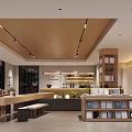 Café Interior With Wooden Ceiling Linear Pendant Lights Large Windows Bar Counter Bookshelves And Green Plants