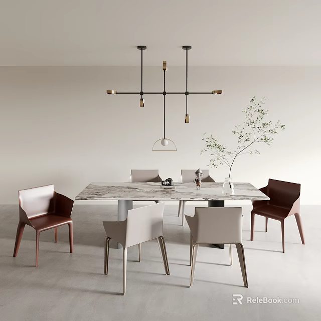 Modern Living Dining Room Interior With Marble Dining Table Chairs Pendant Lights And Plant 3d model 