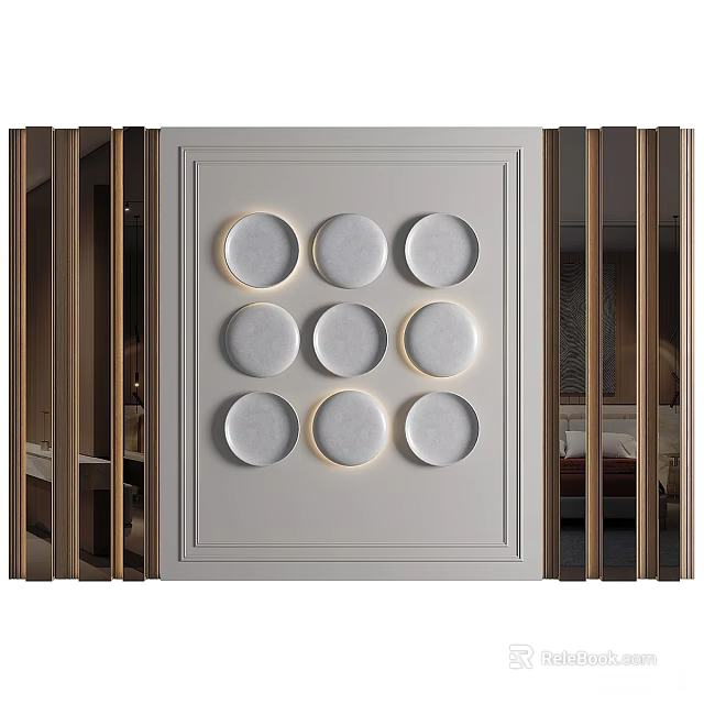 Elegant Modern Sofa Background Wall Interior Design With White Panel Circular Decor And Golden Borders 3d model