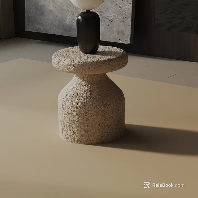 Minimalist Modern Light Colored Textured Stone Side Table With Black Object On Top 3d model 