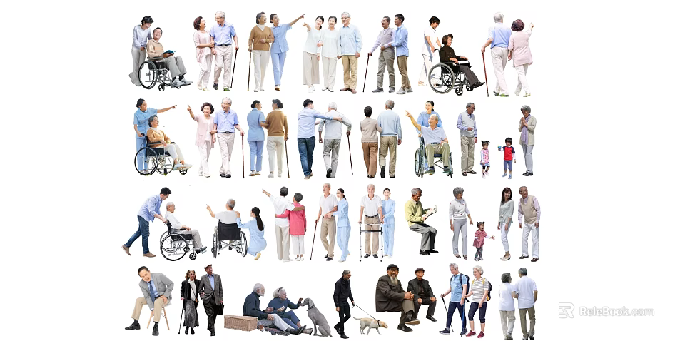 Group of Elderly People Walking Standing and Sitting with Walking Aids and Wheelchairs 3d model 