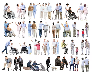 Group of Elderly People Walking Standing and Sitting with Walking Aids and Wheelchairs 3d model