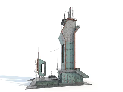 Cartoon Scene With Industrial Tower Featuring Antennas Platforms Turquoise Base And Circular Element 3d model