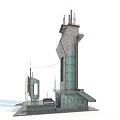 Cartoon Scene With Industrial Tower Featuring Antennas Platforms Turquoise Base And Circular Element