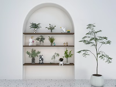 Elegant Decorative Ornament Arrangement With Wooden Shelves Green Plants In White Arched Niche 3d model