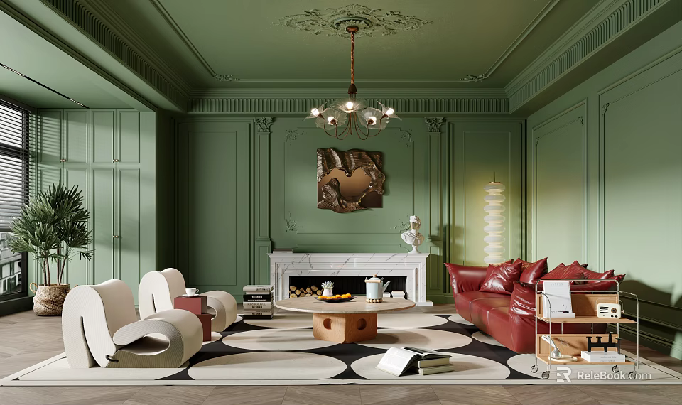Elegant Green Living Room Interior With Ornate Ceiling Chandelier Fireplace And Red Sofa 3d model 