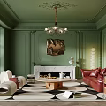 Elegant Green Living Room Interior With Ornate Ceiling Chandelier Fireplace And Red Sofa