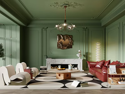 Elegant Green Living Room Interior With Ornate Ceiling Chandelier Fireplace And Red Sofa 3d model