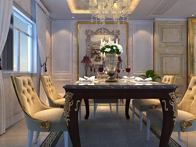 Classic Luxurious Dining Table Set with Beige Chairs Golden Accents Chandelier and Elegant Wall Decor 3d model