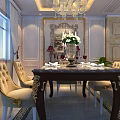 Classic Luxurious Dining Table Set with Beige Chairs Golden Accents Chandelier and Elegant Wall Decor