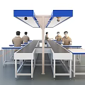 Industrial Equipment Production Line With Blue Canopies Workbenches And Workers Operating
