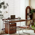 Wooden Desk With Laptop Desk Lamp Photo Frame And Comfortable Chair By Window Blinds
