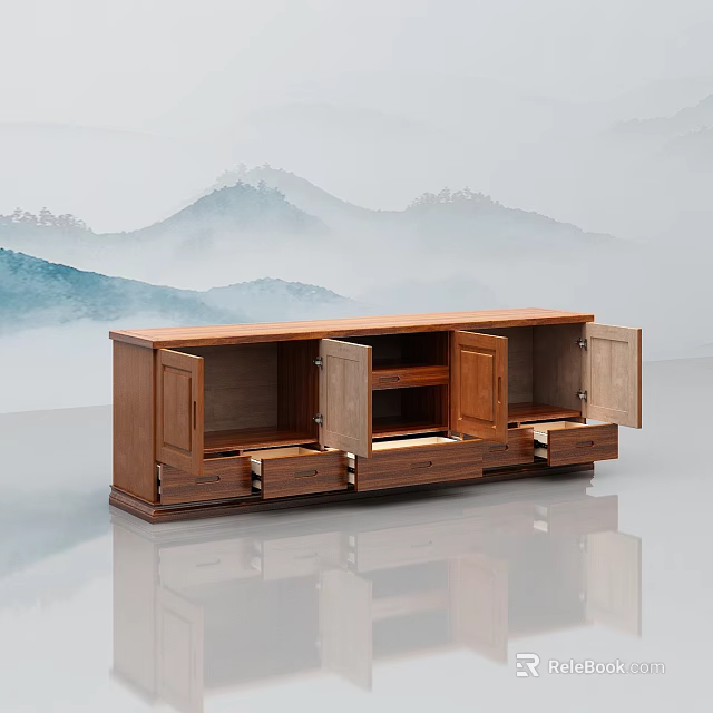 Wooden TV Stand With Open Doors Drawers And Storage Space In Modern Interior 3d model 
