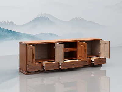 Wooden TV Stand With Open Doors Drawers And Storage Space In Modern Interior 3d model