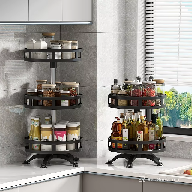 Multi Tier Rotating Spice Rack With Glass Condiment Bottles For Kitchen Countertop 3d model 