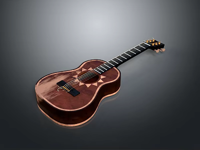 Wooden Brown Guitar With Decorative Star Patterns Black Strings And Neck For Daily Use 3d model