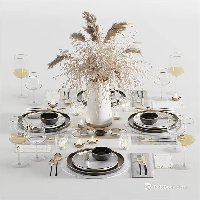 Elegant Modern Tableware Set With Plates Bowls Wine Glasses Candles And Dried Flowers 3d model 
