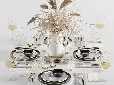 Elegant Modern Tableware Set With Plates Bowls Wine Glasses Candles And Dried Flowers 3d model