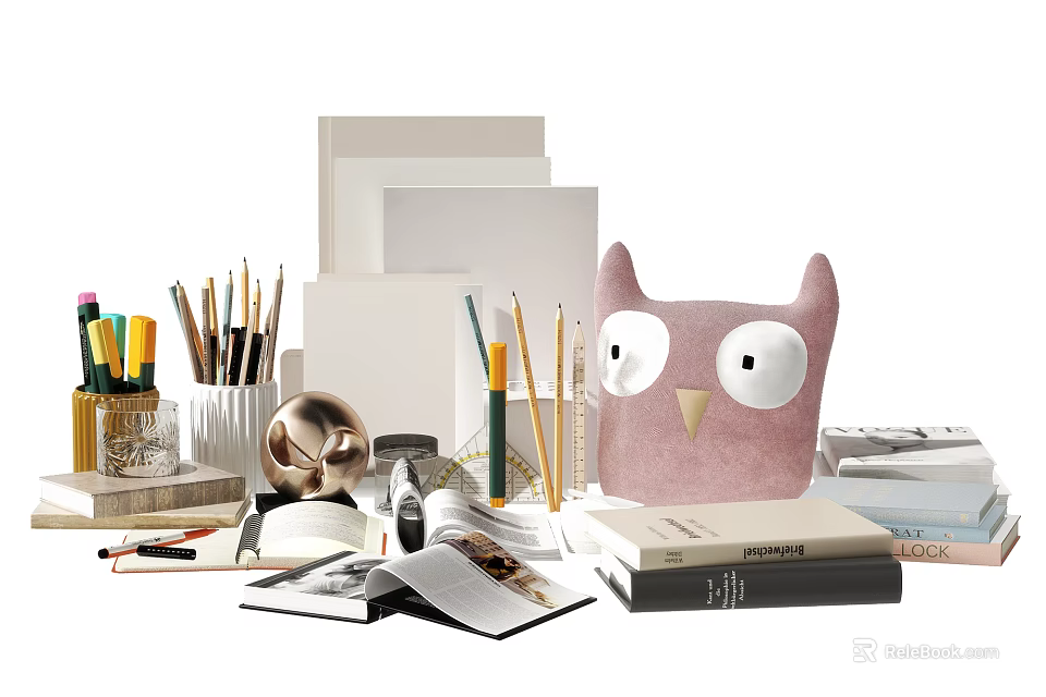 Desk Stationery Setup With Books Pencils Owl Decor And Office Supplies 3d model 