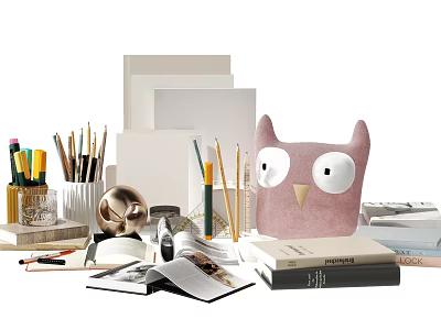 Desk Stationery Setup With Books Pencils Owl Decor And Office Supplies 3d model