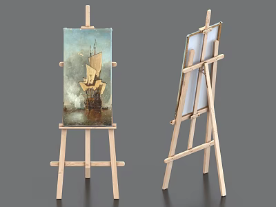 Wooden Art Easels Displaying Ship Painting And Empty Canvas For Artists 3d model