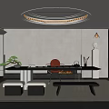 Modern Zen Tea Room With Round Ceiling Light Gray Walls Black Tea Table Red Seats
