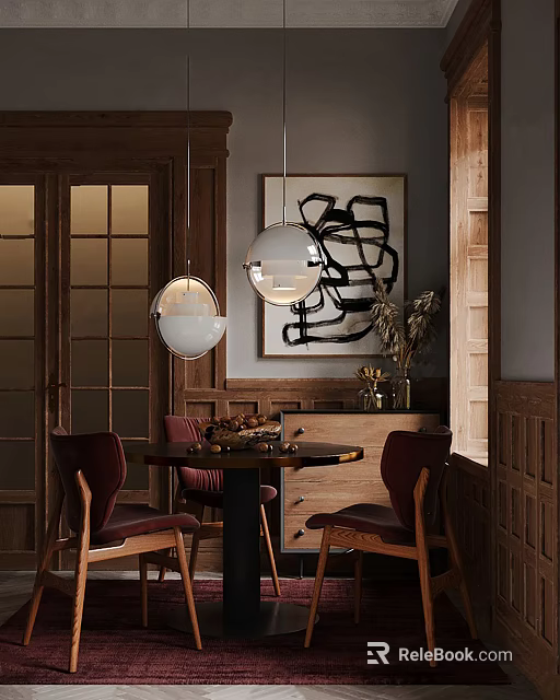 Warm Restaurant Interior With Wooden Dining Table Chairs Pendant Lights And Abstract Painting 3d model 