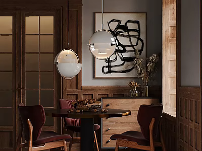 Warm Restaurant Interior With Wooden Dining Table Chairs Pendant Lights And Abstract Painting 3d model