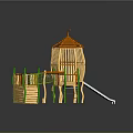 Wooden Children's Playground Structure With Tower Platform Swing And Green Posts
