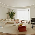 Modern Minimalist Living Room Interior With Circular Ceiling Beige Sofa Green Plant Black Armchair TV