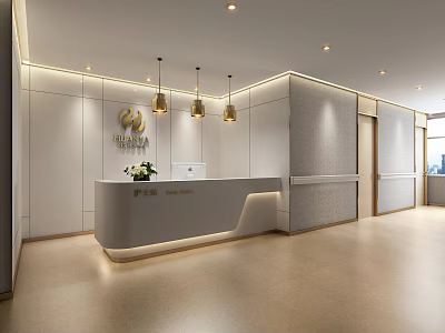 Modern Hospital Outpatient Clinic Interior Design With Reception Desk Logo And Pendant Lights 3d model