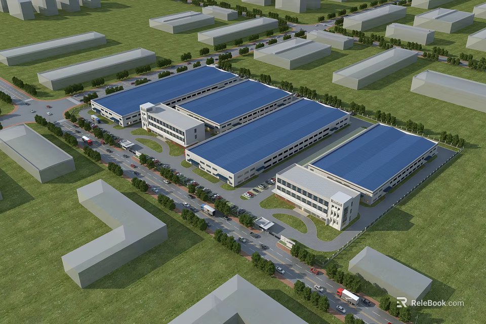 Modern Industrial Factory Complex with Multiple Buildings Blue Roofs Roads and Greenery 3d model 