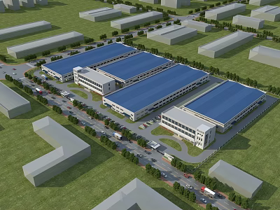 Modern Industrial Factory Complex with Multiple Buildings Blue Roofs Roads and Greenery 3d model