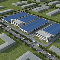 Modern Industrial Factory Complex with Multiple Buildings Blue Roofs Roads and Greenery